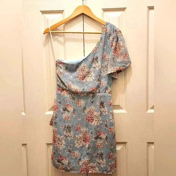 Lulus Way to Wow Dusty Blue Floral One Shoulder Faux-Wrap Dress-Size Large-NWOT - Picture 2 of 9